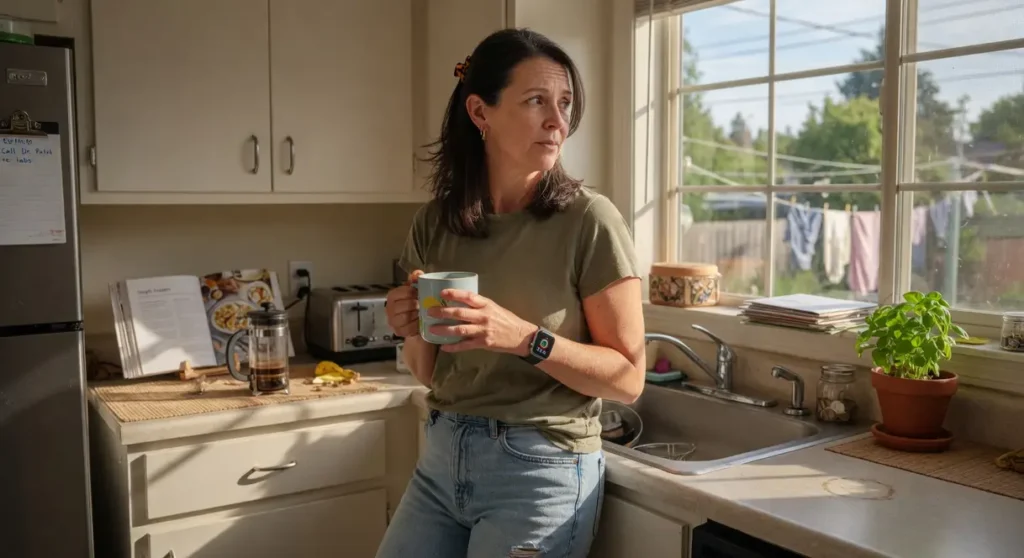 A woman looks thoughtfully out a sunlit kitchen window, her smartwatch visible, pondering potential heart problems.