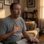A man on a couch with his hand on his chest, contemplating a subtle chest pain not from heart.
