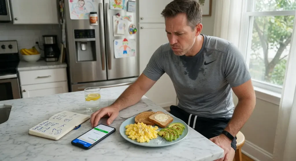 Man in workout clothes intently assessing protein in his breakfast at a sunlit kitchen island.