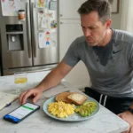 Man in workout clothes intently assessing protein in his breakfast at a sunlit kitchen island.