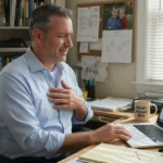 A man at his desk with a subtle wince, hand on his chest, experiencing chest pain when breathing deeply.