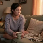 A tired woman on a sofa, hesitant to nap, wondering if it will make insomnia worse.