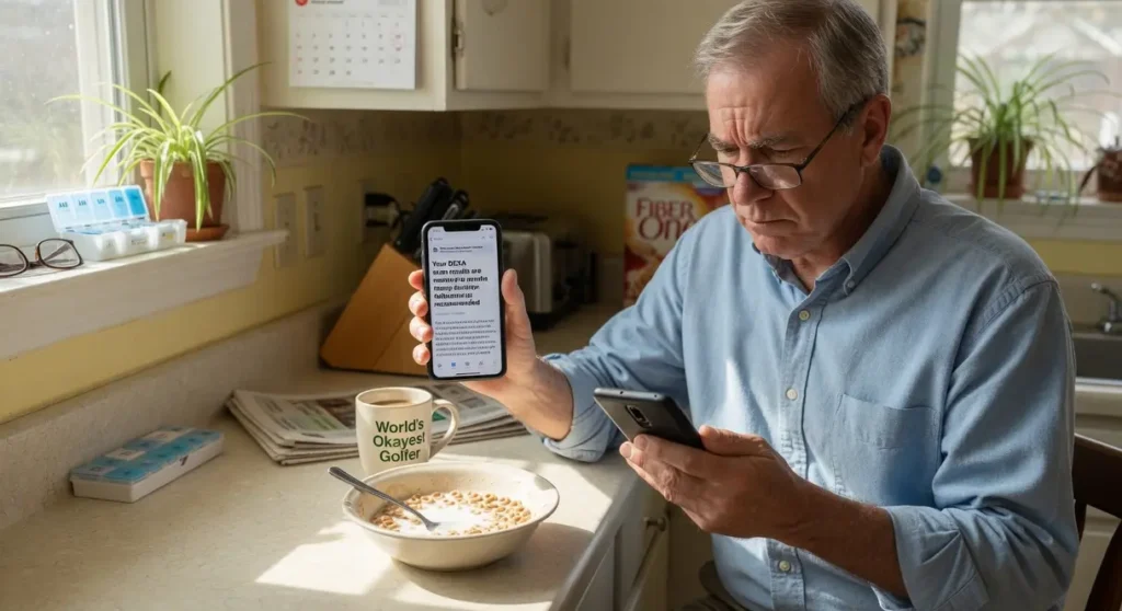 A thoughtful man at his kitchen counter looks at his phone, considering who needs a bone density test.