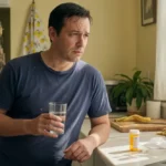 A man thoughtfully pauses at his kitchen counter, questioning if he needs to finish his antibiotics.