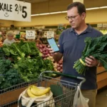 Man reading his phone in a grocery store while holding leafy greens, shopping for foods that lower blood pressure.