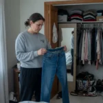 Woman standing at her closet holding jeans she set aside, expression quietly unsettled in morning light.