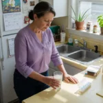 Woman in her late 50s pausing in a sunlit kitchen, holding a glass of milk, expression quietly reflective.