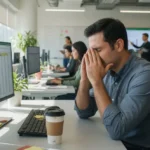 Man at office desk pressing fingers to his brow, eyes closed, experiencing a headache behind his eyes.