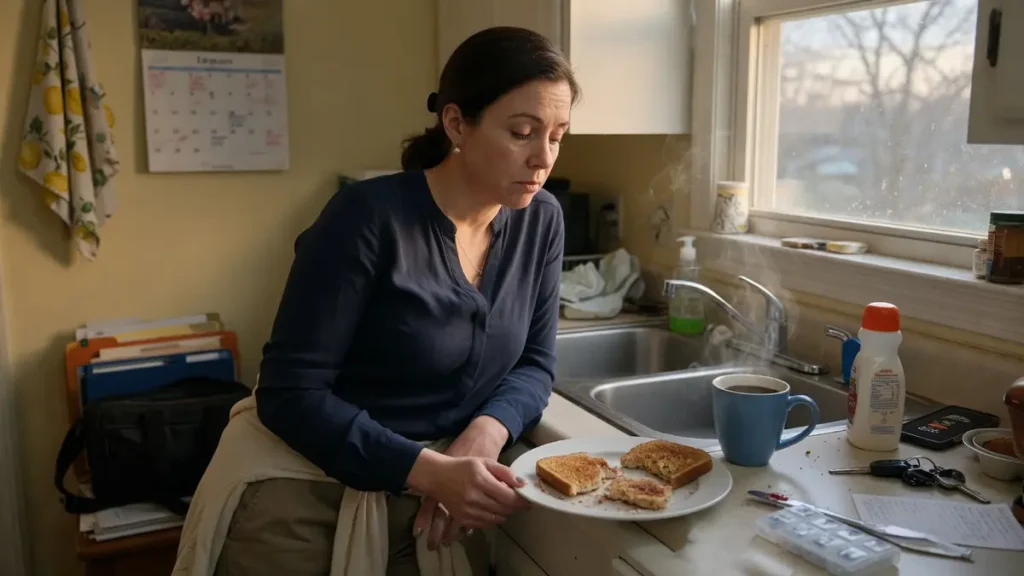 Woman at kitchen counter in the morning, tired despite sleeping, showing what high cortisol feels like daily.