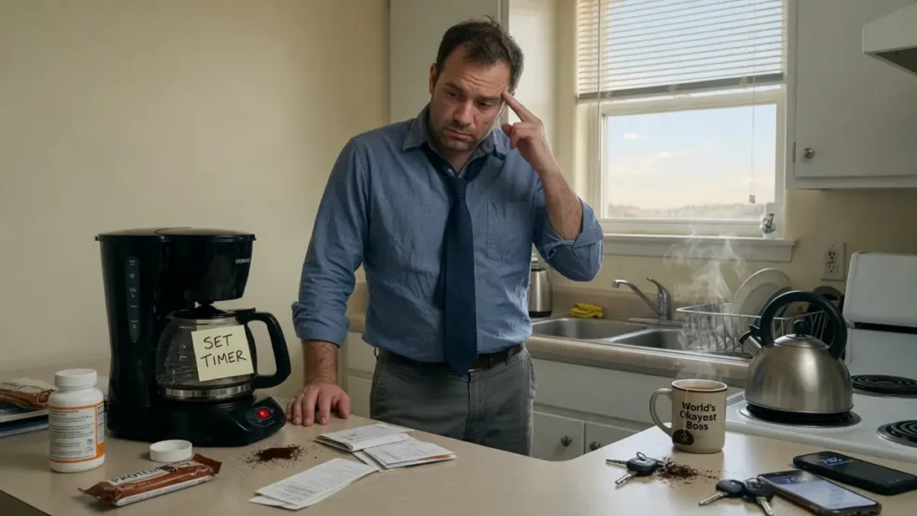 Man pressing his temple at a kitchen counter beside an empty coffee maker, experiencing a caffeine withdrawal headache.