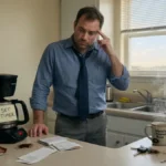Man pressing his temple at a kitchen counter beside an empty coffee maker, experiencing a caffeine withdrawal headache.