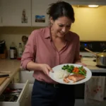 Woman examining her dinner plate at a kitchen counter, uncertain if what a balanced meal looks like.