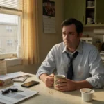 Man at kitchen table holding untouched coffee, expression heavy with prolonged stress on a weekday morning.