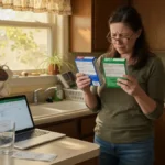Woman comparing two OTC medicine boxes in her kitchen, concerned about taking too much acetaminophen accidentally.