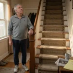 Older man pausing at staircase in sneakers, reflecting on exercise for aging after 60.