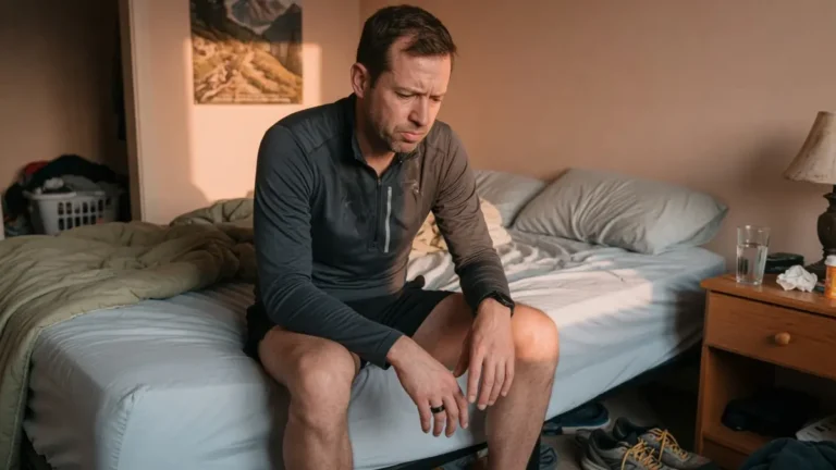 Man in running clothes examining his Oura Ring on the edge of his bed in morning light.