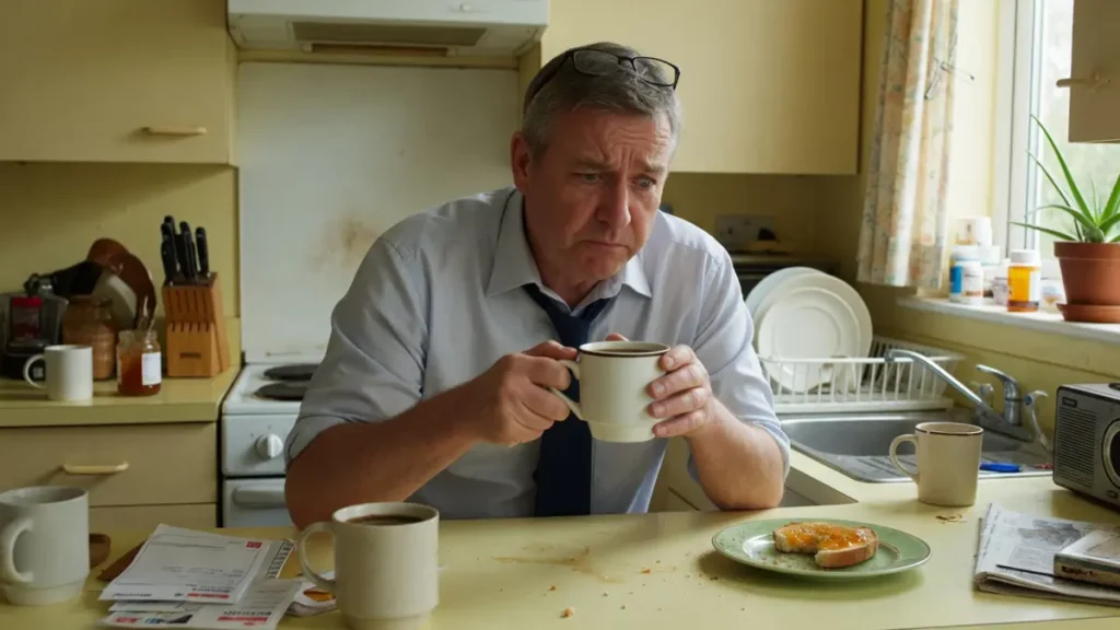 Older man holding coffee cup to his nose in a morning kitchen, looking confused — an early sign of Parkinson's besides tremors.