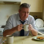 Older man holding coffee cup to his nose in a morning kitchen, looking confused — an early sign of Parkinson's besides tremors.