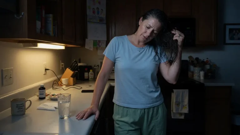 Woman pressing hand to cool countertop at night, lifting hair from neck during a hot flash.