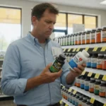 Man comparing supplement bottles in a pharmacy aisle, evaluating vitamins that boost immune system.