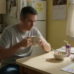 Man sitting alone at kitchen table with coffee, expression flat and distant on a quiet morning.