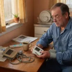 Man comparing a wrist blood pressure monitor and upper arm cuff at a kitchen table in the morning.