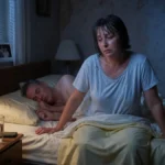 Woman sitting up in dark bedroom at night, visibly flushed and awake during a hot flash.