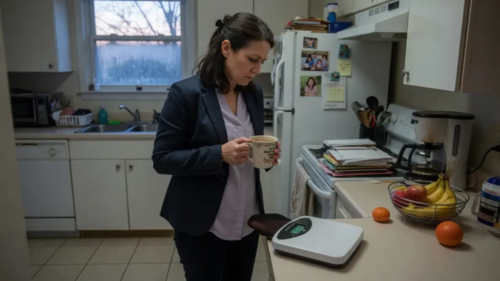 Woman in her 40s standing in her kitchen, looking down at a scale, wondering if her metabolism is slowing down.