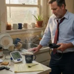 Man checking blood pressure monitor at kitchen counter in morning light, expression calm but contemplative.