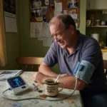 Man checking blood pressure at kitchen table with a home blood pressure monitor, looking uncertain at the reading.