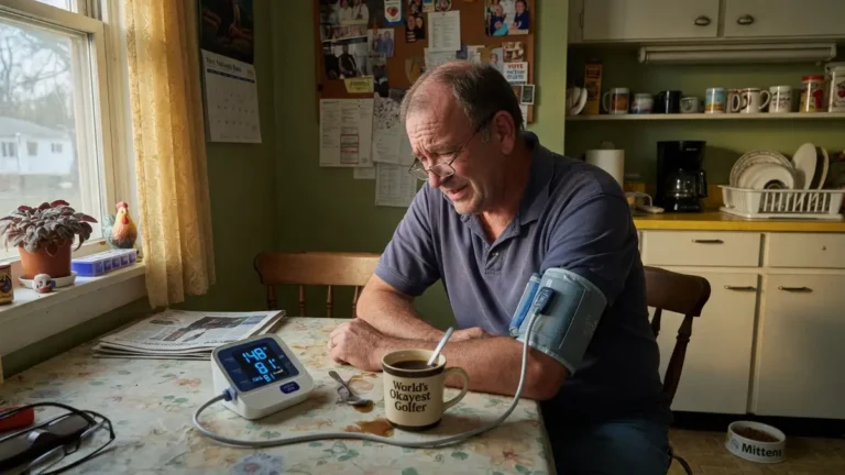 Man checking blood pressure at kitchen table with a home blood pressure monitor, looking uncertain at the reading.
