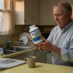Older man pausing at kitchen counter, holding a glucosamine supplement bottle with a thoughtful, uncertain expression.