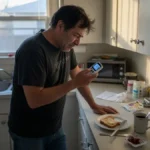 Man checking blood sugar meter at kitchen counter in early morning light.