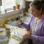 Older woman comparing a supplement bottle to her prescription pill organizer at a sunlit kitchen counter.