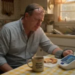 Man reading blood pressure monitor display at kitchen table, learning what to look for in a blood pressure monitor.