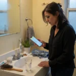 Woman in her 40s reviewing symptom notes on her phone at a bathroom sink in early morning light.