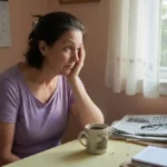 A woman in her early 50s looks out a kitchen window, reflecting on why her immune system weakens with age.