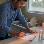 Man writing in a notebook at his kitchen counter at sunrise, practicing daily habits to improve mood.