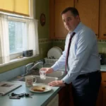 Man refilling a large water glass at his kitchen sink early in the morning, showing physical signs of high blood sugar before diagnosis.