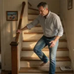 Man gripping stair railing and pausing mid-descent due to knee pain going down stairs.