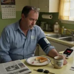 Man checking his blood pressure at home, looking quietly at the monitor display on his forearm.