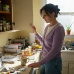 Woman holding old prescription bottles at kitchen counter, considering how to dispose of old medications safely.