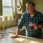 Older man pressing hand flat on kitchen counter in the morning, quietly assessing joint pain.