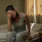 Woman shielding eyes from light during migraine, sitting still on bed with curtains drawn.