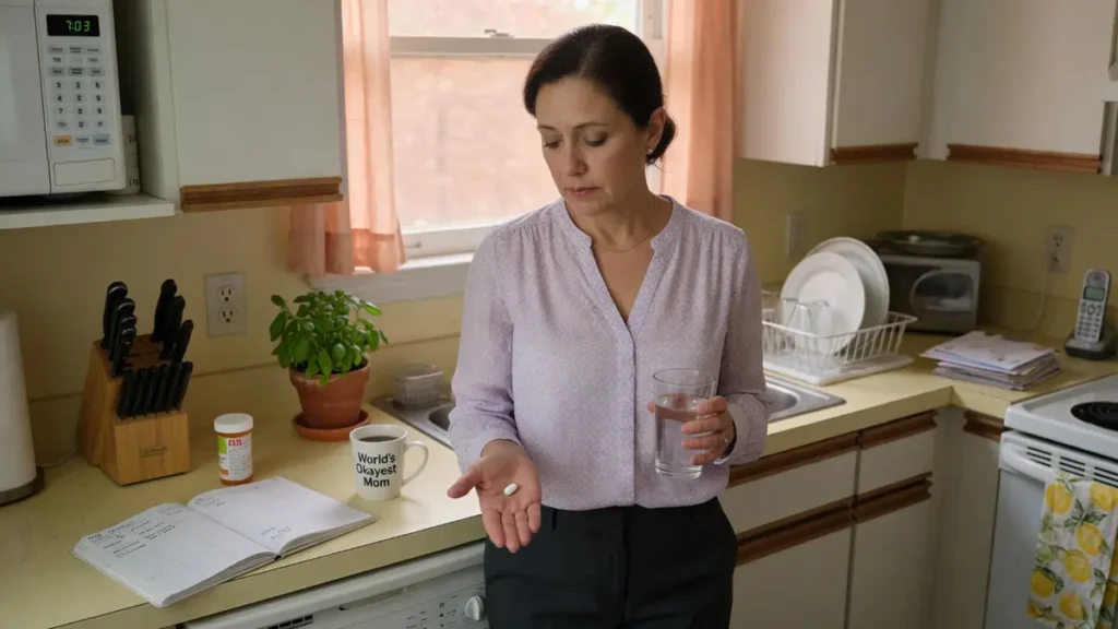 Woman holding thyroid medication at kitchen counter, expression tired and quietly frustrated on a weekday morning.