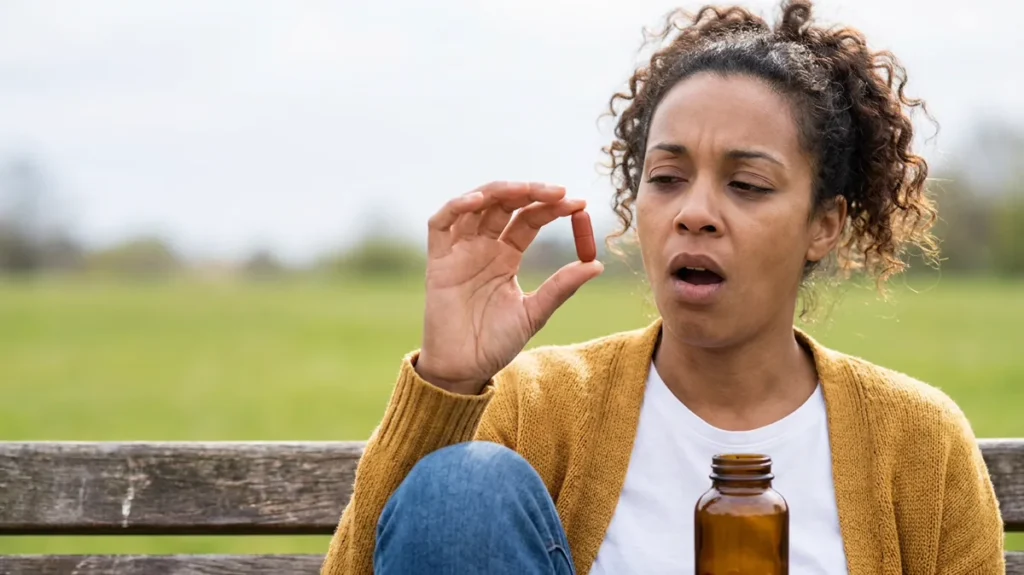 Tired young woman on a park bench yawning while holding up an iron capsule and a supplement bottle