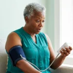 Surprised woman in her 60s reading a home monitor while a too-small blood pressure cuff strains on her arm