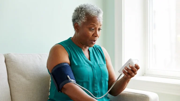 Surprised woman in her 60s reading a home monitor while a too-small blood pressure cuff strains on her arm