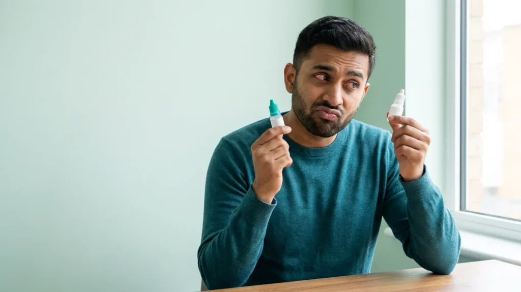 Man with slightly red eyes comparing two small eye drop bottles at a desk by a window