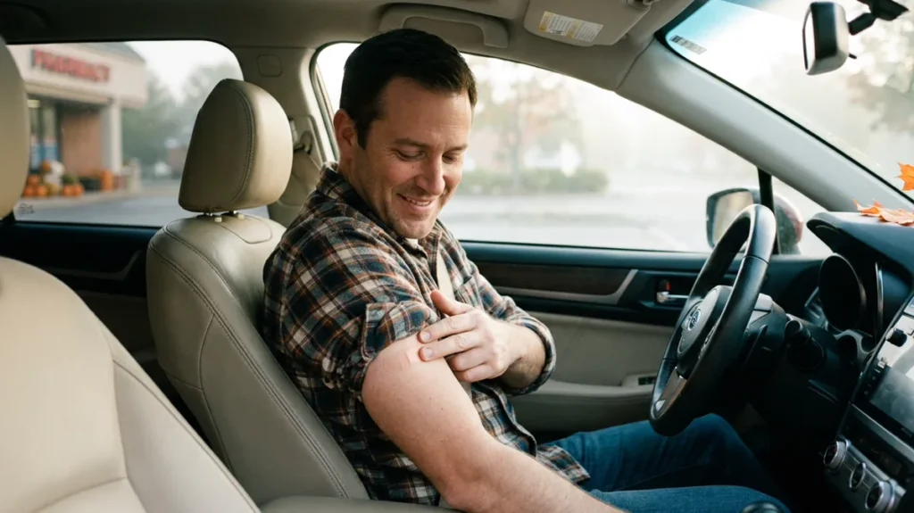 Man in his parked car on an autumn morning pressing a small bandage on his arm after a flu shot